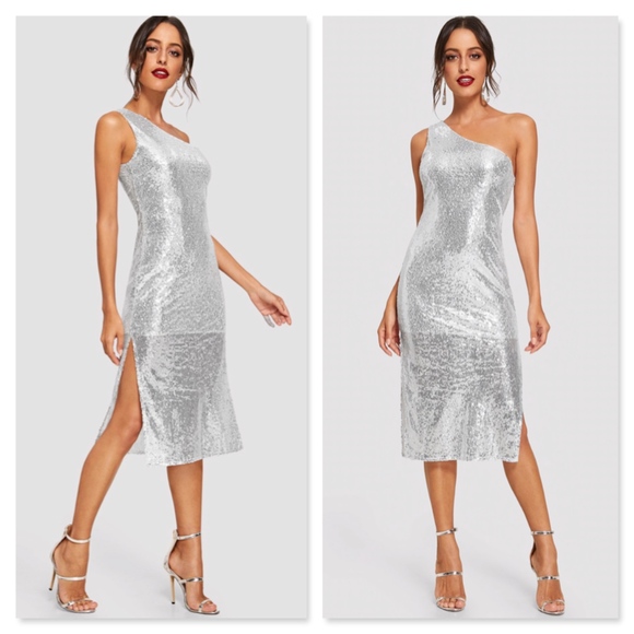 Rouge! Dresses & Skirts - One Shoulder Silver Sequins Sheath Midi Dress